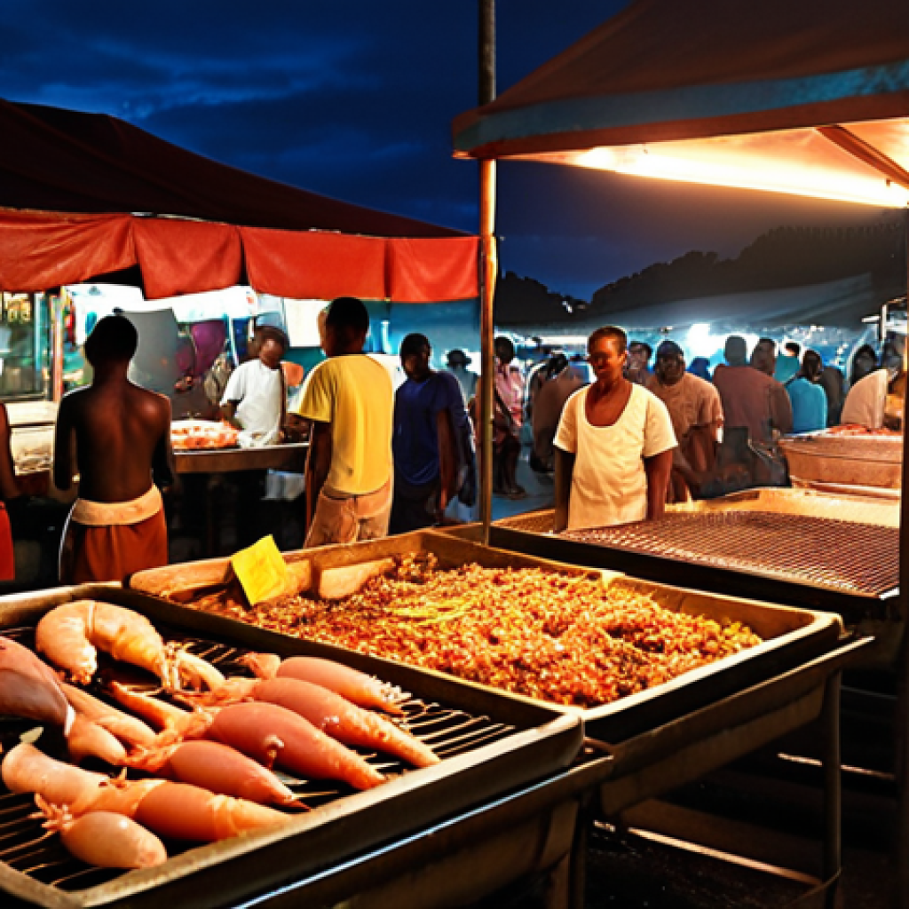 **A vibrant and bustling Honiara Night Market scene at dusk. Focus on the seafood grilling stalls, with fresh catches like tuna and prawns sizzling over charcoal. Capture the smoky atmosphere, warm lighting from lanterns, and the energy of the crowd, with locals and tourists enjoying the food. Include details like colorful tablecloths, friendly vendors, and a variety of seasoning options.**