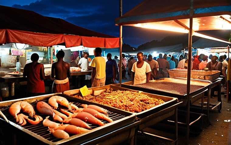 **A vibrant and bustling Honiara Night Market scene at dusk. Focus on the seafood grilling stalls, with fresh catches like tuna and prawns sizzling over charcoal. Capture the smoky atmosphere, warm lighting from lanterns, and the energy of the crowd, with locals and tourists enjoying the food. Include details like colorful tablecloths, friendly vendors, and a variety of seasoning options.**