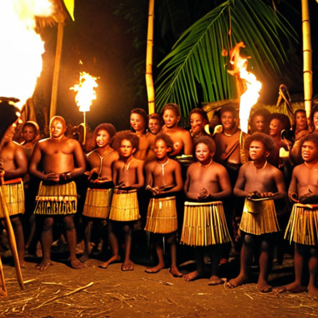 **
"Solomon Islands village festival. Firelight, bamboo drums, panpipes, people gathered singing and telling stories. Warm, community, vibrant colors."
**