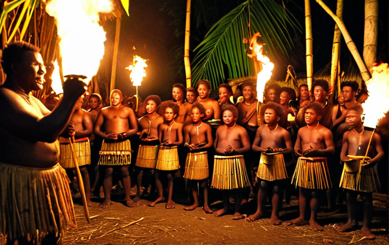 **

"Solomon Islands village festival. Firelight, bamboo drums, panpipes, people gathered singing and telling stories. Warm, community, vibrant colors."

**