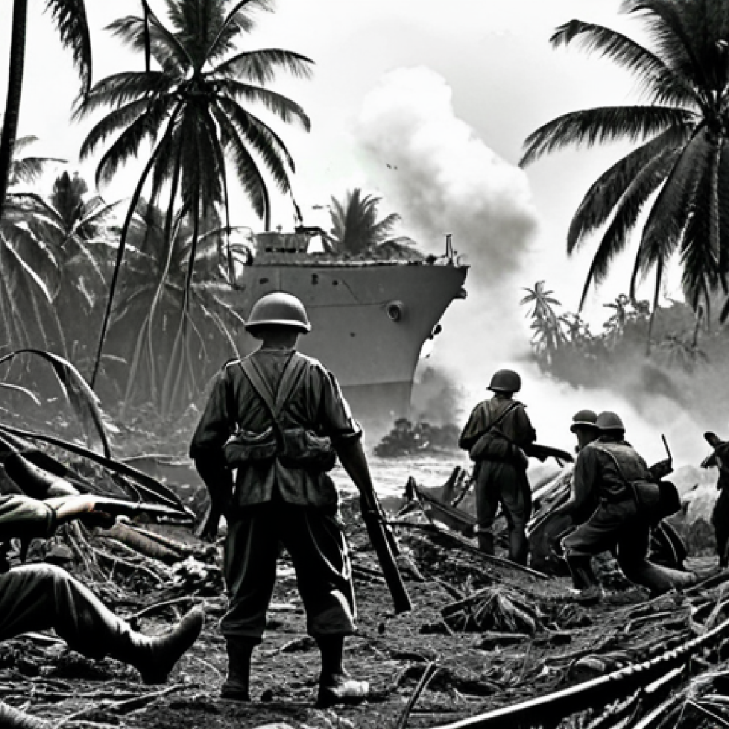 **
A dramatic, slightly desaturated scene depicting the Guadalcanal Campaign during WWII. American and Japanese soldiers clash amidst dense jungle foliage and bombed-out palm trees. In the background, naval ships exchange fire offshore. Focus on the intensity and devastation of the battle, conveying a sense of chaos and loss.
**