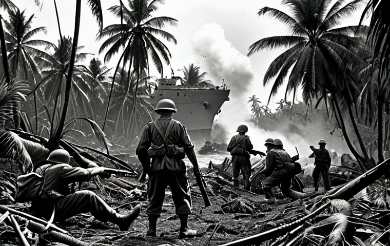 **

A dramatic, slightly desaturated scene depicting the Guadalcanal Campaign during WWII. American and Japanese soldiers clash amidst dense jungle foliage and bombed-out palm trees. In the background, naval ships exchange fire offshore. Focus on the intensity and devastation of the battle, conveying a sense of chaos and loss.

**