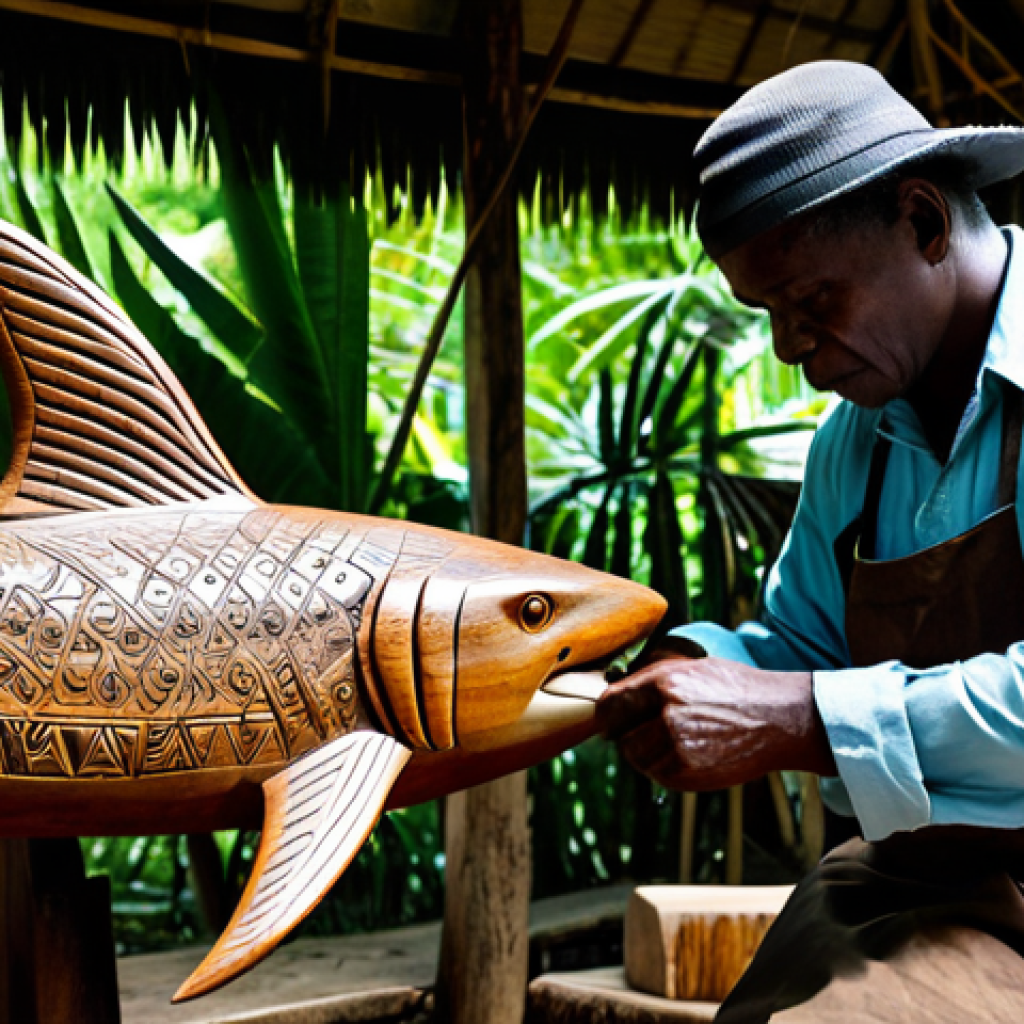 A skilled adult Solomon Islands artisan, wearing modest, traditional attire, is intently focused on carving an intricate wooden sculpture of a powerful shark totem. The artisan's well-formed hands, with correct proportions and proper finger count, gently guide a chisel on the dark wood, revealing detailed textures. The setting is an open-air traditional workshop, bathed in soft, natural light, with lush tropical foliage and other finished wood carvings in the background. This image captures the essence of authentic craftsmanship and cultural heritage. fully clothed, appropriate attire, safe for work, appropriate content, family-friendly, perfect anatomy, natural pose, professional photography, high quality.