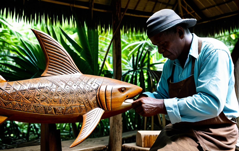 A skilled adult Solomon Islands artisan, wearing modest, traditional attire, is intently focused on carving an intricate wooden sculpture of a powerful shark totem. The artisan's well-formed hands, with correct proportions and proper finger count, gently guide a chisel on the dark wood, revealing detailed textures. The setting is an open-air traditional workshop, bathed in soft, natural light, with lush tropical foliage and other finished wood carvings in the background. This image captures the essence of authentic craftsmanship and cultural heritage. fully clothed, appropriate attire, safe for work, appropriate content, family-friendly, perfect anatomy, natural pose, professional photography, high quality.