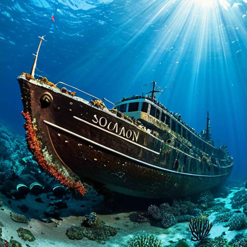 A breathtaking underwater scene in the Solomon Islands, showcasing a vibrant, healthy coral reef teeming with diverse marine life. The crystal-clear, gemstone-blue ocean is illuminated by shafts of sunlight filtering from above, creating dynamic light and shadow. In the mid-ground, a majestic, intact WWII shipwreck, like a bomber plane or a large ship hull, is peacefully settled, gently covered by colorful marine growth and serving as a unique artificial reef. Schools of tropical fish swim gracefully around the corals and the historical wreck. This is a professional underwater photograph, hyperrealistic, with incredible detail and a natural composition. safe for work, appropriate content, fully clothed, family-friendly.