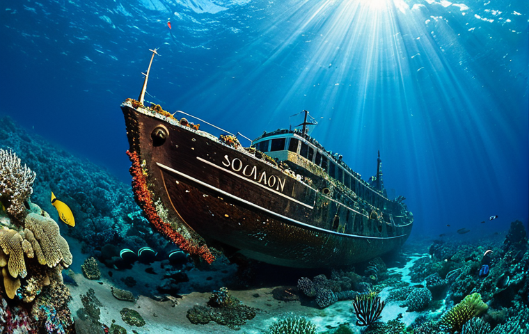 A breathtaking underwater scene in the Solomon Islands, showcasing a vibrant, healthy coral reef teeming with diverse marine life. The crystal-clear, gemstone-blue ocean is illuminated by shafts of sunlight filtering from above, creating dynamic light and shadow. In the mid-ground, a majestic, intact WWII shipwreck, like a bomber plane or a large ship hull, is peacefully settled, gently covered by colorful marine growth and serving as a unique artificial reef. Schools of tropical fish swim gracefully around the corals and the historical wreck. This is a professional underwater photograph, hyperrealistic, with incredible detail and a natural composition. safe for work, appropriate content, fully clothed, family-friendly.