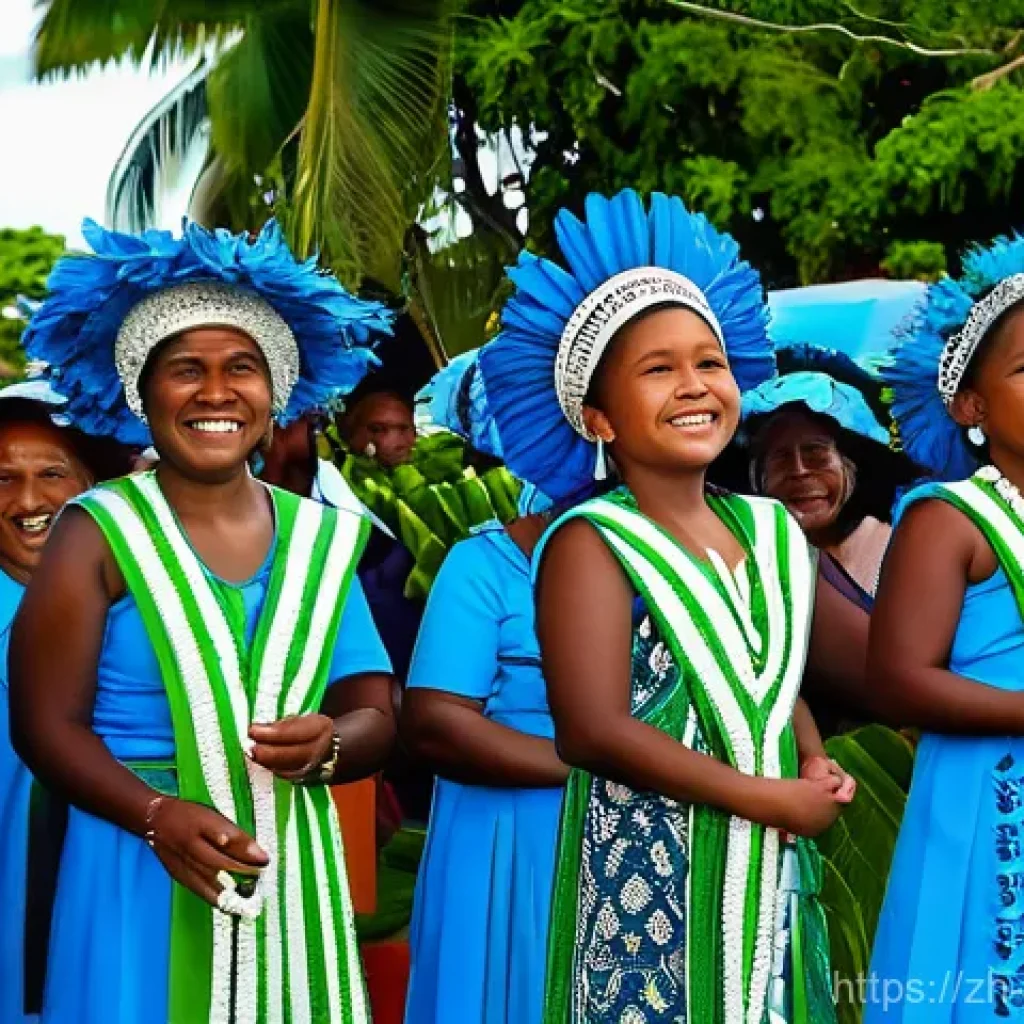 솔로몬 제도 독립 과정 - The image features a diverse crowd of Solomon Islanders of all ages, from children to elders, joyful...