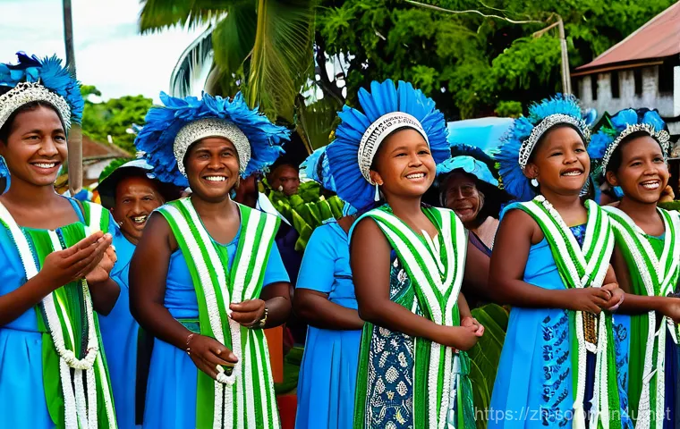 솔로몬 제도 독립 과정 - The image features a diverse crowd of Solomon Islanders of all ages, from children to elders, joyful...