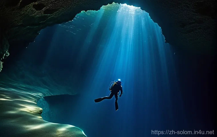 솔로몬 제도 블루 홀 - **Prompt 1: "A lone diver, fully equipped with a wetsuit and diving gear, gracefully descends into t...