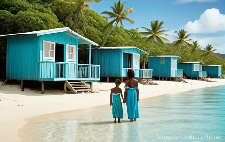솔로몬 제도 NGO 활동 - **Prompt 1: "A solemn yet resilient Solomon Islander family stands on an elevated patch of dry land,...