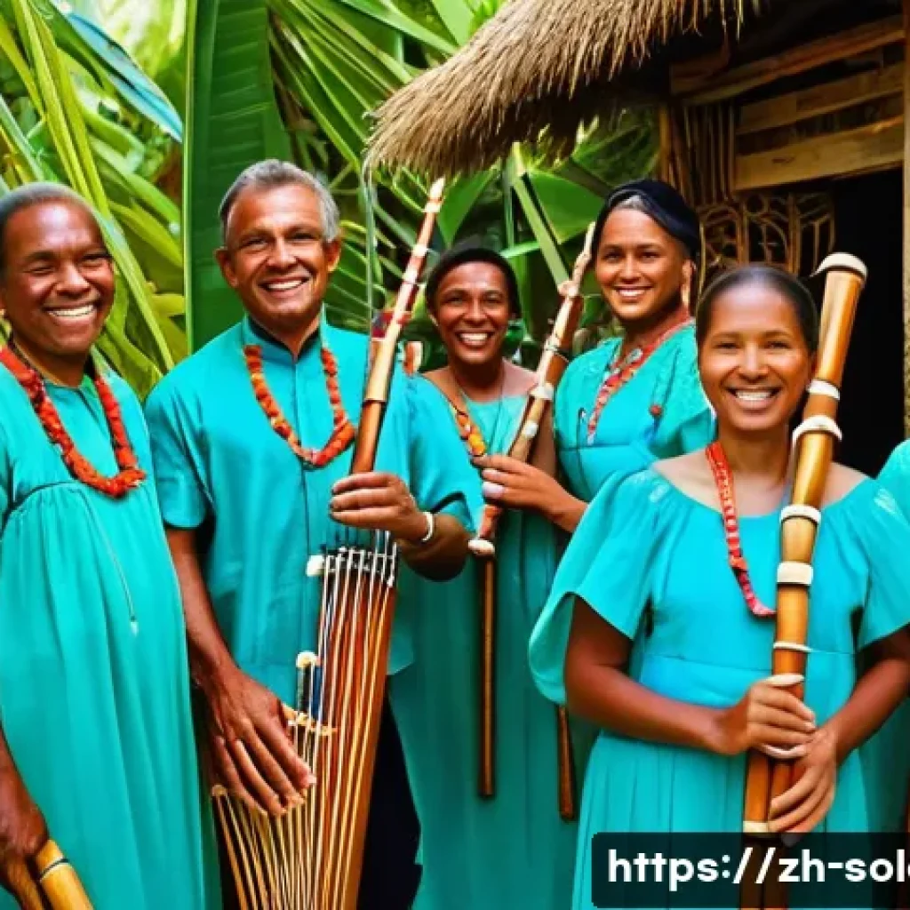 솔로몬 제도 악기 제작 - **Solomon Islands Panpipe Ensemble in a Tropical Village:**
    A vibrant, sun-drenched scene in a t...