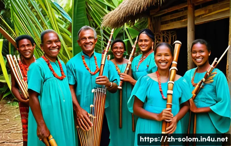 솔로몬 제도 악기 제작 - **Solomon Islands Panpipe Ensemble in a Tropical Village:**
    A vibrant, sun-drenched scene in a t...