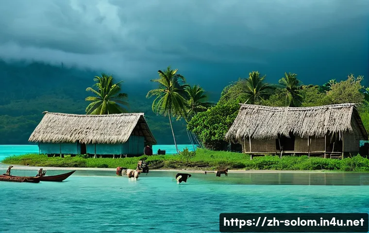 솔로몬 제도 기후 변화 영향 - **Image Prompt:** A panoramic view of a coastal Solomon Islands village facing rising sea levels. Tr...