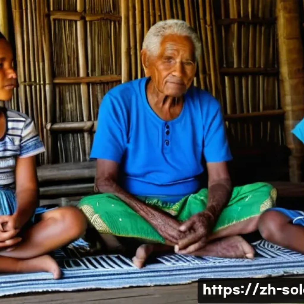 솔로몬 제도 부족 언어 - **Prompt:** A wise-looking Solomon Islander elder, with expressive, wrinkled hands, is seated cross-...
