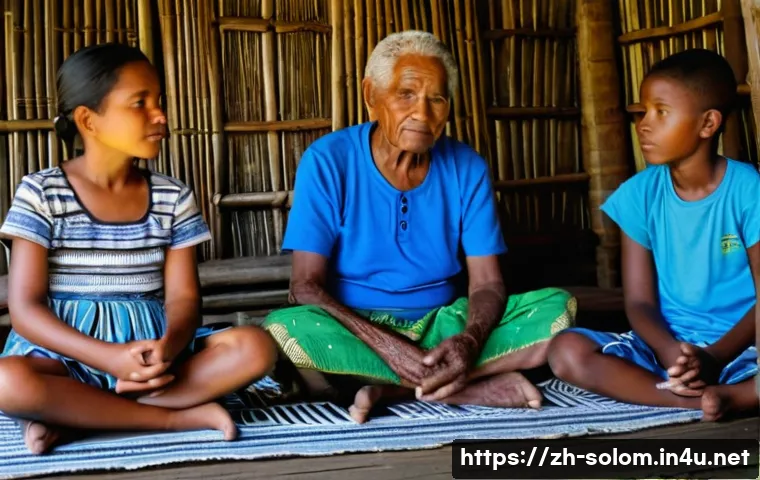 솔로몬 제도 부족 언어 - **Prompt:** A wise-looking Solomon Islander elder, with expressive, wrinkled hands, is seated cross-...