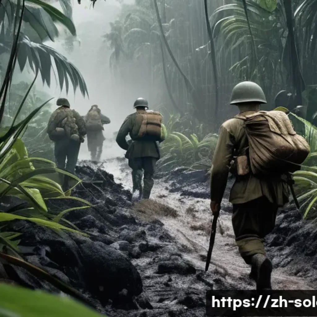 솔로몬 제도 2차 세계대전 전투 - A dramatic, highly detailed jungle warfare scene set on Guadalcanal Island during World War II, show...