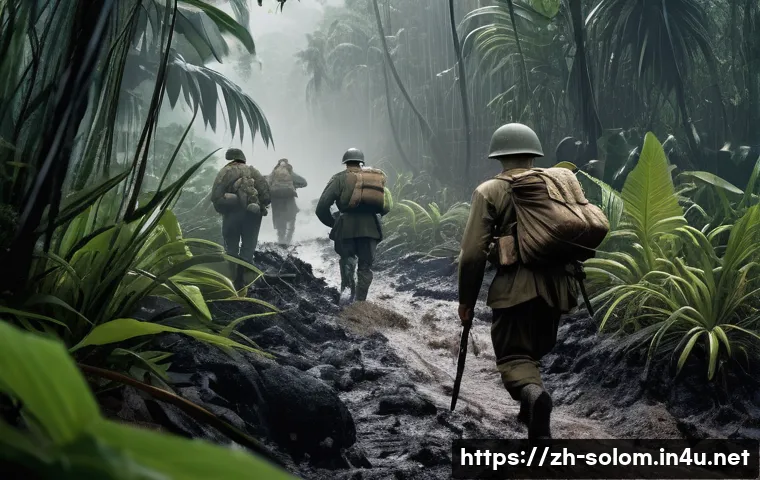 솔로몬 제도 2차 세계대전 전투 - A dramatic, highly detailed jungle warfare scene set on Guadalcanal Island during World War II, show...