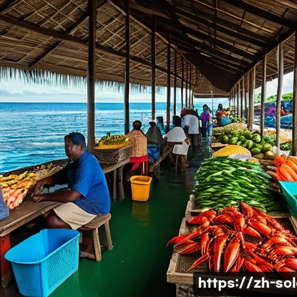 솔로몬 제도 해산물 요리 - A vibrant Solomon Islands seafood market scene at sunrise, bustling with local vendors selling fresh...