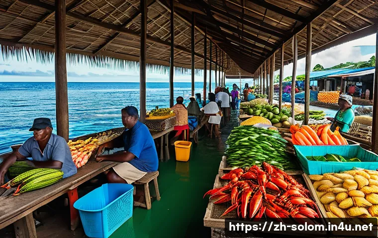 솔로몬 제도 해산물 요리 - A vibrant Solomon Islands seafood market scene at sunrise, bustling with local vendors selling fresh...