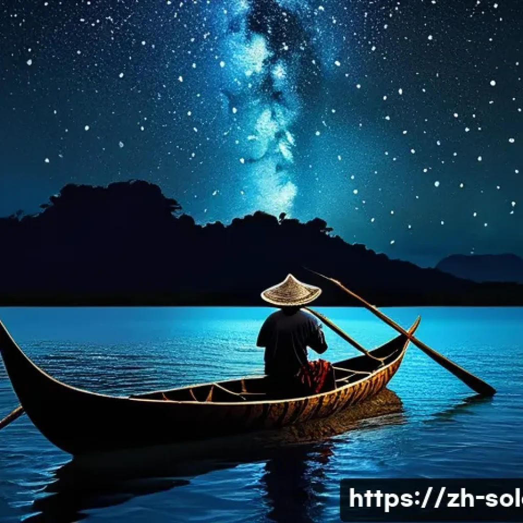 솔로몬 제도 전통 항해 기술 - A traditional Solomon Islands navigator at night on a wooden sailing canoe, wearing simple tradition...