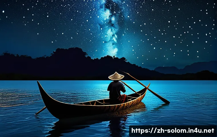 솔로몬 제도 전통 항해 기술 - A traditional Solomon Islands navigator at night on a wooden sailing canoe, wearing simple tradition...
