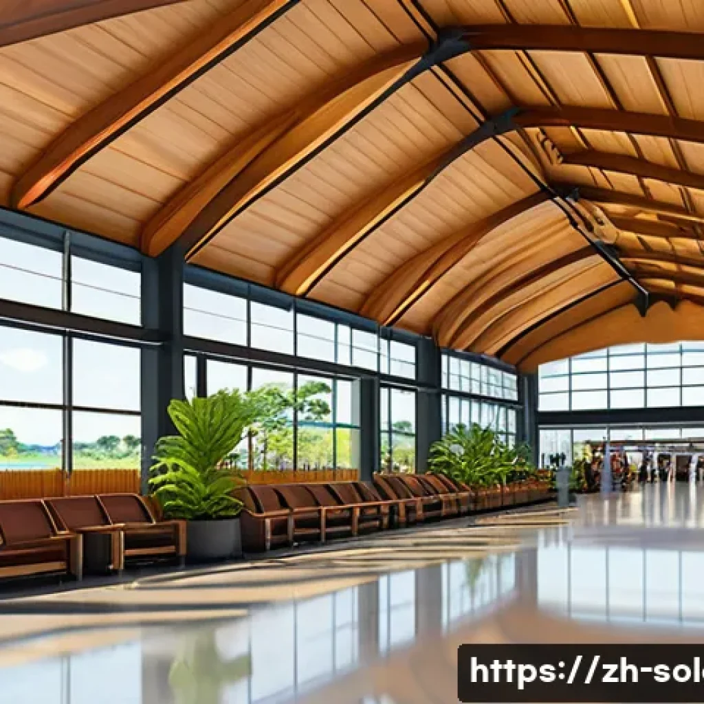 솔로몬 제도 국제공항 정보 - A modern, spacious airport terminal interior in Solomon Islands with bright natural lighting, multip...