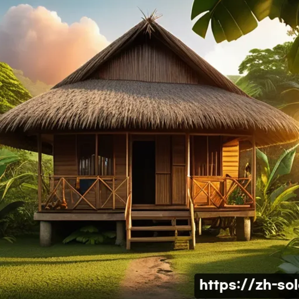 솔로몬 제도 숙박 옵션 - A cozy Solomon Islands local homestay scene showing a traditional wooden house with thatched roof su...
