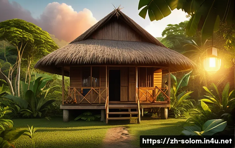 솔로몬 제도 숙박 옵션 - A cozy Solomon Islands local homestay scene showing a traditional wooden house with thatched roof su...