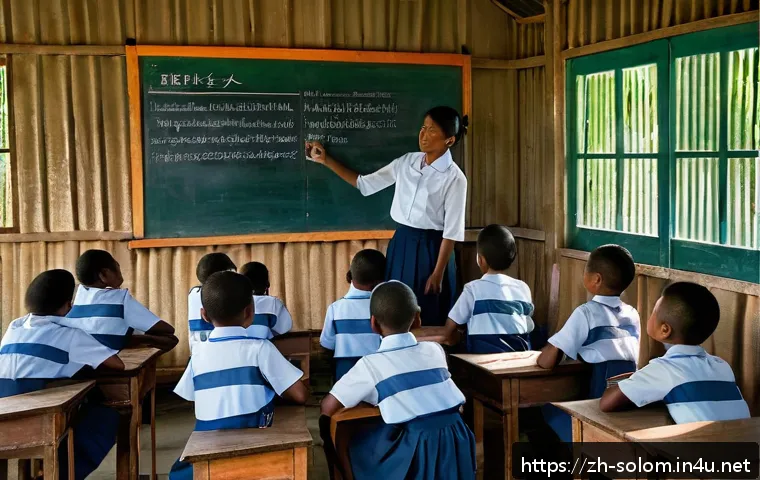 솔로몬 제도 초등 및 중등 교육 - A rural Solomon Islands classroom scene showing a small group of children wearing clean but simple s...