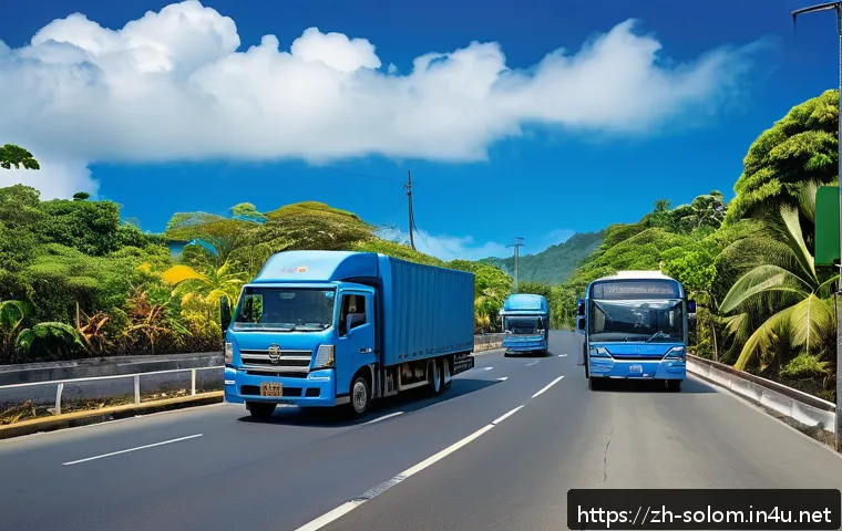 솔로몬 제도 UN 지원 사업 - A vibrant scene of Solomon Islands&rsquo; upgraded transportation network featuring newly paved roads conn...