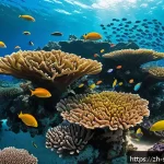 솔로몬 제도 산호초 보호 - A vibrant underwater scene of the Solomon Islands coral reef ecosystem, featuring diverse coral spec...