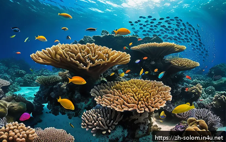 솔로몬 제도 산호초 보호 - A vibrant underwater scene of the Solomon Islands coral reef ecosystem, featuring diverse coral spec...