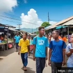 솔로몬 제도 반중 시위 - A vibrant street scene in Honiara, Solomon Islands, showcasing diverse young people wearing casual c...
