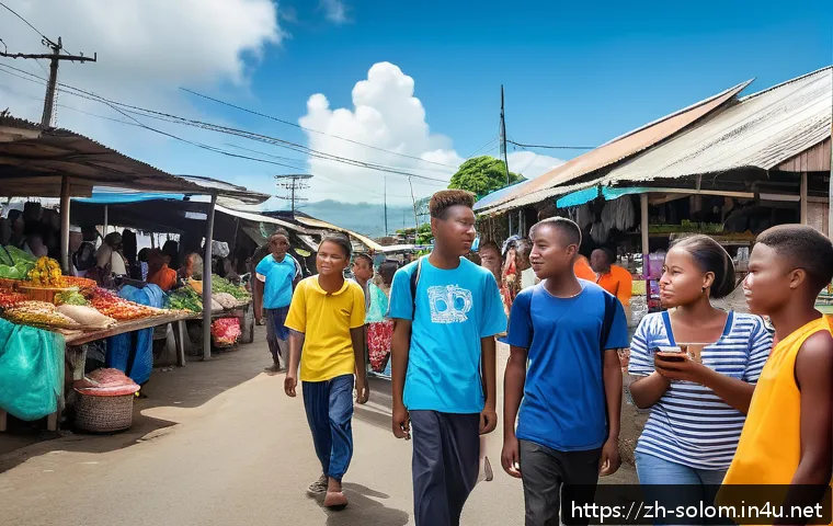 솔로몬 제도 반중 시위 - A vibrant street scene in Honiara, Solomon Islands, showcasing diverse young people wearing casual c...
