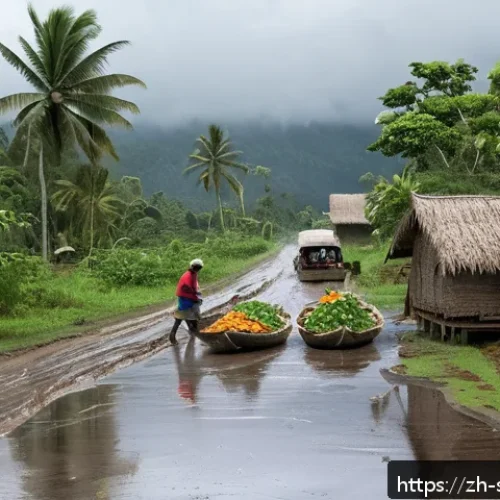솔로몬 제도 도시화 문제 - A detailed scene of a rural Solomon Islands village road during the rainy season, showing muddy dirt...