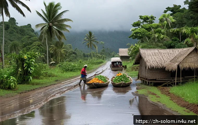 솔로몬 제도 도시화 문제 - A detailed scene of a rural Solomon Islands village road during the rainy season, showing muddy dirt...