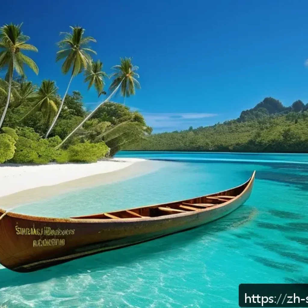 솔로몬 제도 교통수단 - A serene scene of a traditional Solomon Islands carved wooden canoe gliding gently over crystal-clea...