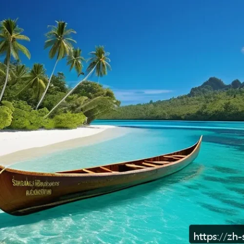 솔로몬 제도 교통수단 - A serene scene of a traditional Solomon Islands carved wooden canoe gliding gently over crystal-clea...