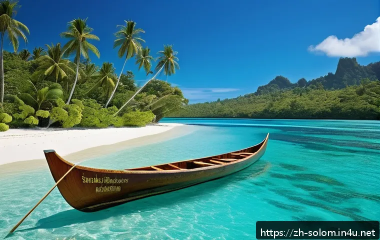 솔로몬 제도 교통수단 - A serene scene of a traditional Solomon Islands carved wooden canoe gliding gently over crystal-clea...