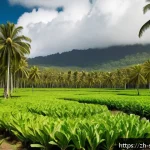 솔로몬 제도 열대 과일 생산 - A lush tropical orchard in the Solomon Islands near the equator, featuring vibrant coconut palms, ba...