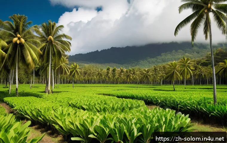 솔로몬 제도 열대 과일 생산 - A lush tropical orchard in the Solomon Islands near the equator, featuring vibrant coconut palms, ba...