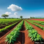 솔로몬 제도 카사바 농사 - A vibrant cassava farm scene during the daytime, showcasing neatly spaced cassava plants growing in ...