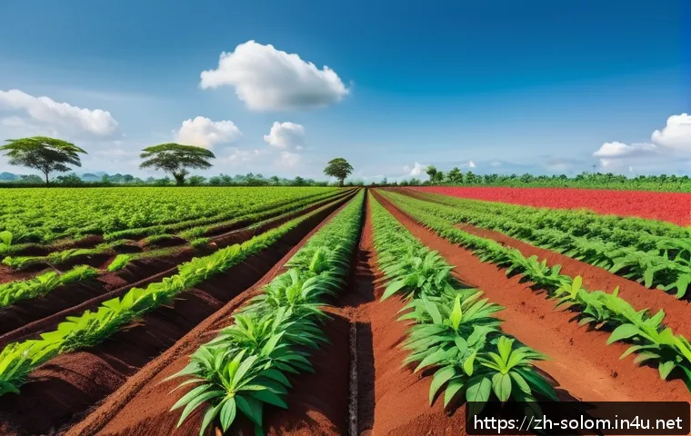 솔로몬 제도 카사바 농사 - A vibrant cassava farm scene during the daytime, showcasing neatly spaced cassava plants growing in ...