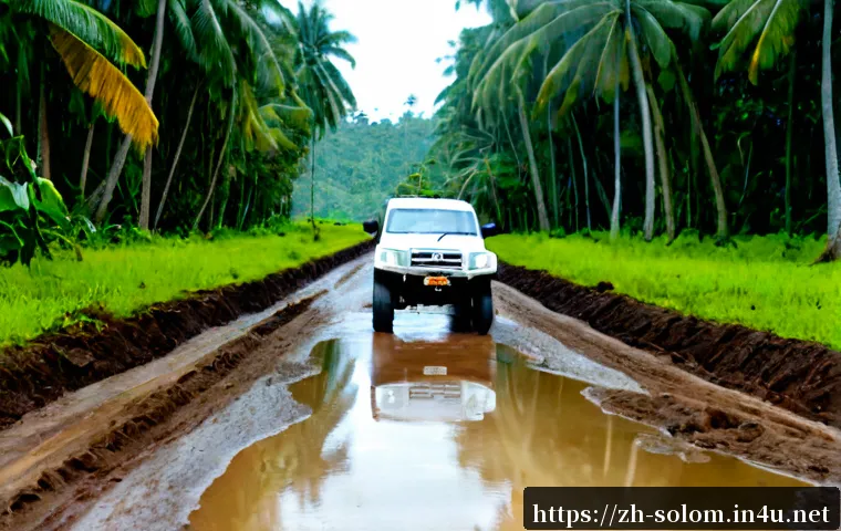 솔로몬 제도 도로 상태 - Photorealistic wide-angle view of a rural Solomon Islands road after tropical rain, deeply rutted mu...