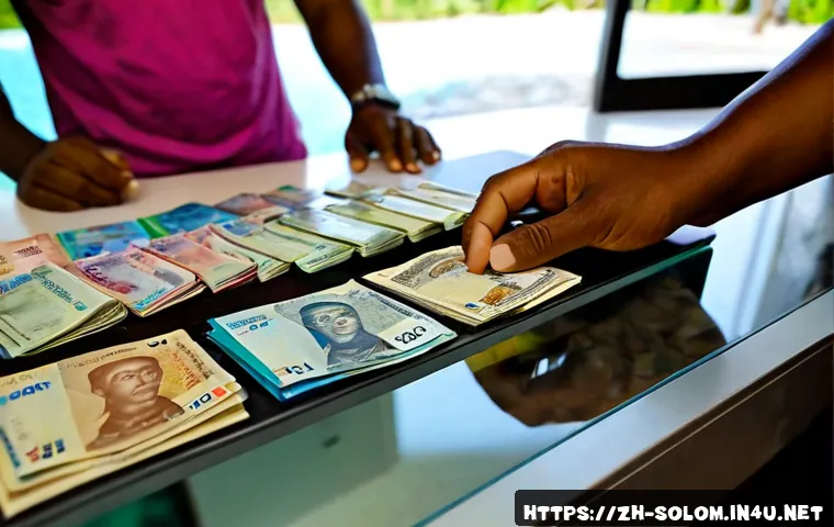 솔로몬 제도 환전 정보 - Photorealistic travel currency exchange scene in Honiara, Solomon Islands, a clear glass counter wit...